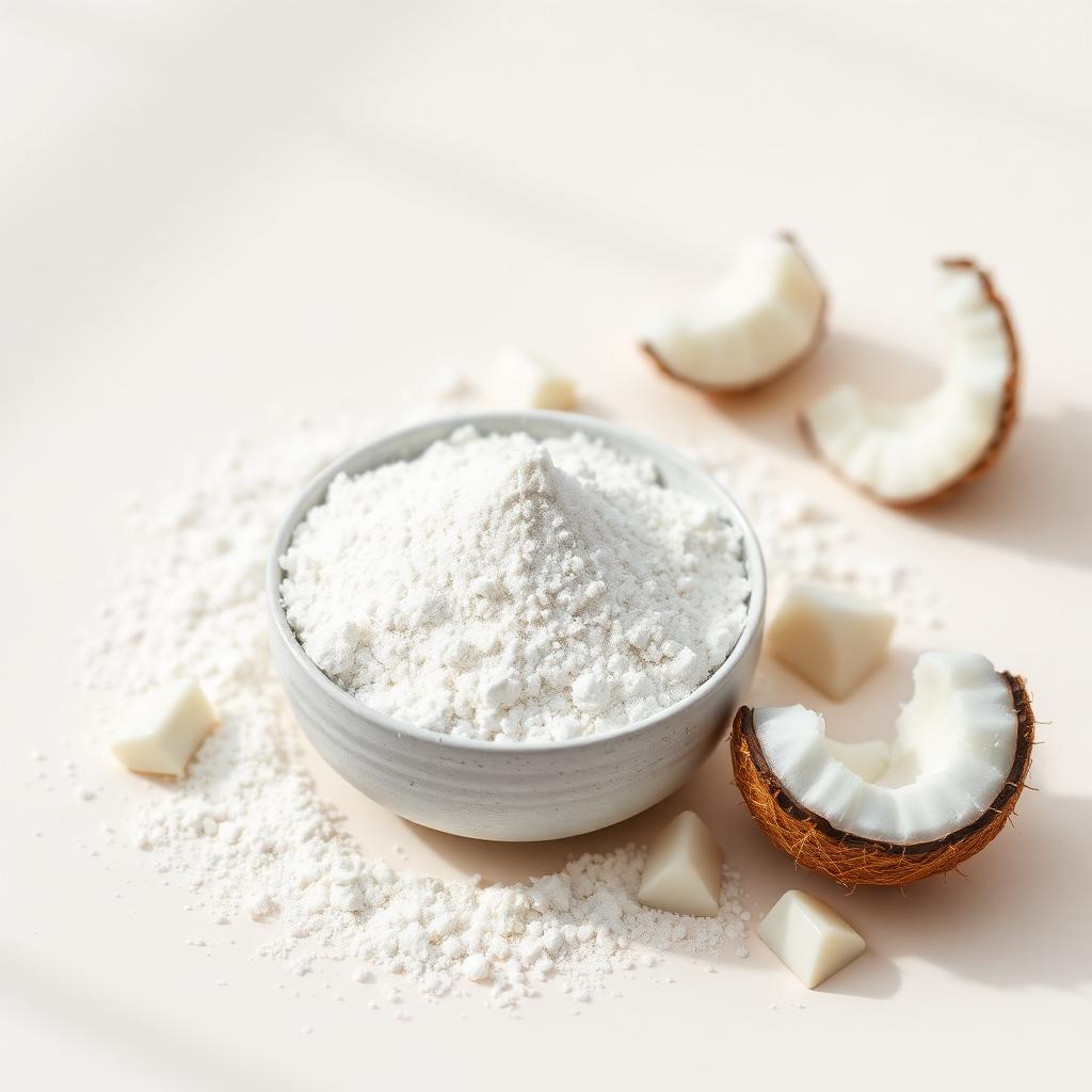 White coconut milk powder with fresh coconut pieces